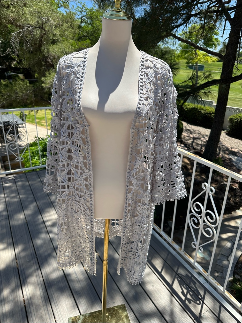 Chico's Light SilverCrochet Open-Front Duster